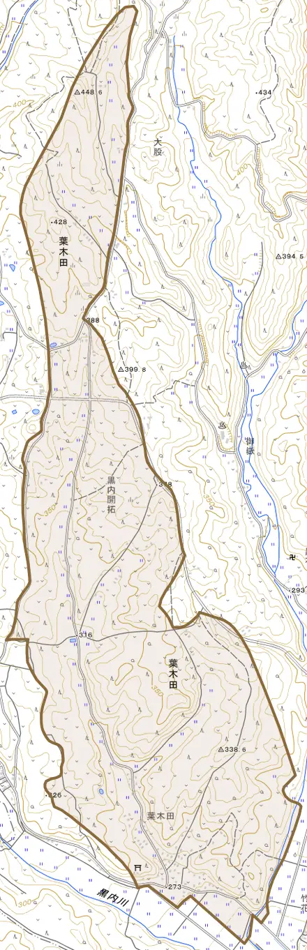 大字葉木田とその周辺の地図。町の範囲を重ねている