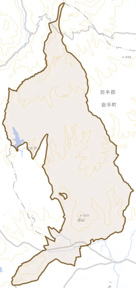 大字一方井とその周辺の地図。町の範囲を重ねている