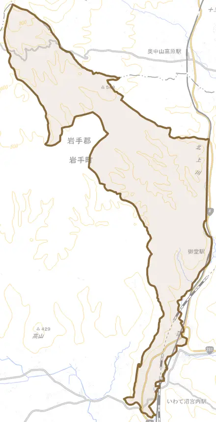 大字五日市とその周辺の地図。町の範囲を重ねている