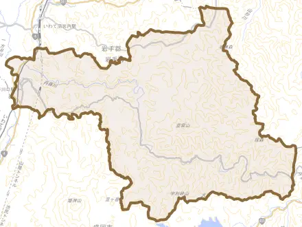 大字川口とその周辺の地図。町の範囲を重ねている