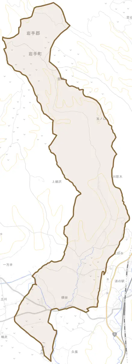 大字久保とその周辺の地図。町の範囲を重ねている