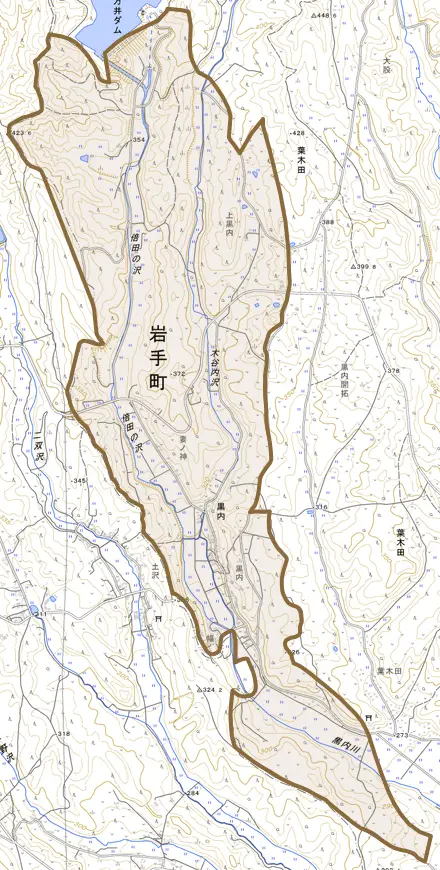 大字黒内とその周辺の地図。町の範囲を重ねている