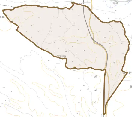 大字御堂とその周辺の地図。町の範囲を重ねている