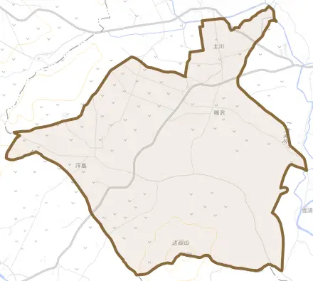 大字土川とその周辺の地図。町の範囲を重ねている