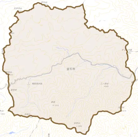 橋野町とその周辺の地図。町の範囲を重ねている