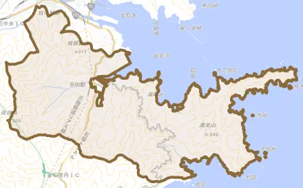 大字平田とその周辺の地図。町の範囲を重ねている