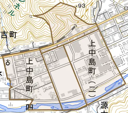 上中島町とその周辺の地図。町の範囲を重ねている