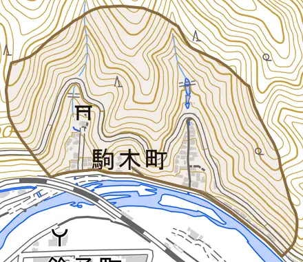 駒木町とその周辺の地図。町の範囲を重ねている