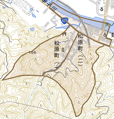 松原町とその周辺の地図。町の範囲を重ねている
