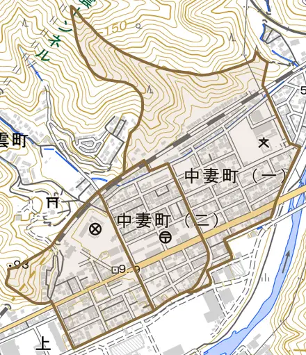 中妻町とその周辺の地図。町の範囲を重ねている