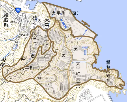 大平町とその周辺の地図。町の範囲を重ねている