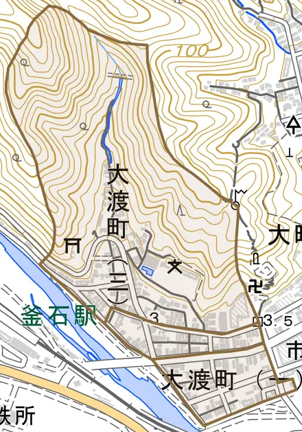 大渡町とその周辺の地図。町の範囲を重ねている