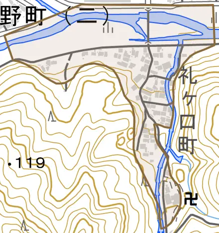 礼ケ口町とその周辺の地図。町の範囲を重ねている