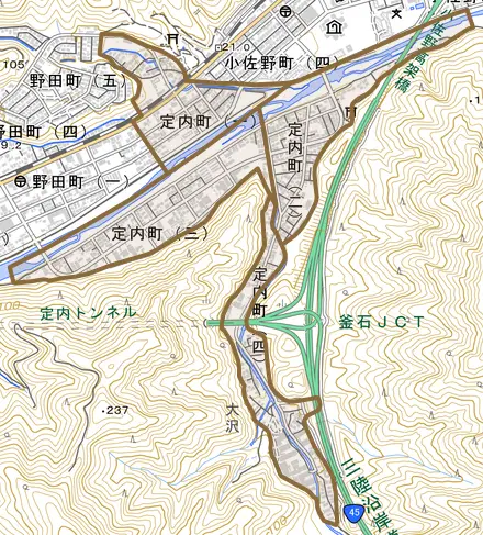 定内町とその周辺の地図。町の範囲を重ねている