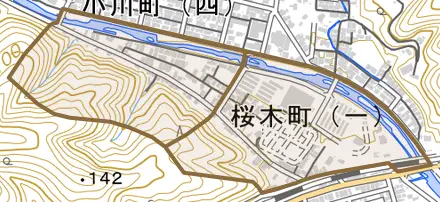 桜木町とその周辺の地図。町の範囲を重ねている