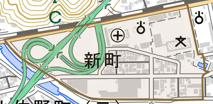 新町とその周辺の地図。町の範囲を重ねている