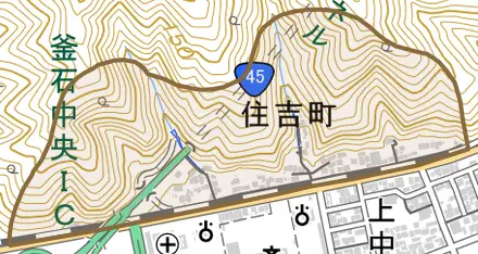 住吉町とその周辺の地図。町の範囲を重ねている