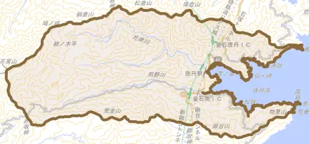 唐丹町とその周辺の地図。町の範囲を重ねている