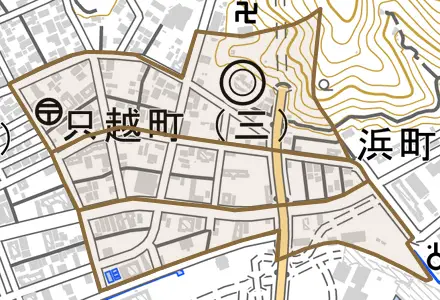 只越町とその周辺の地図。町の範囲を重ねている