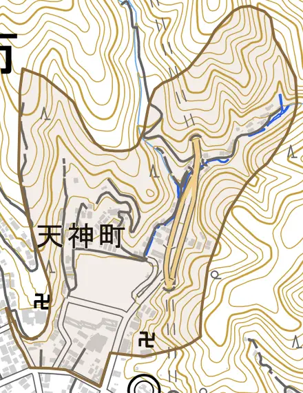 天神町とその周辺の地図。町の範囲を重ねている