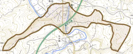 大字狄塚とその周辺の地図。町の範囲を重ねている