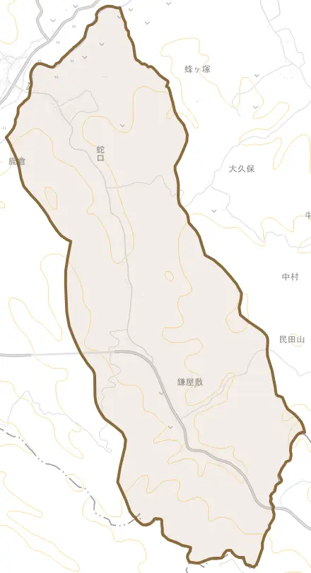 大字蛇口とその周辺の地図。町の範囲を重ねている
