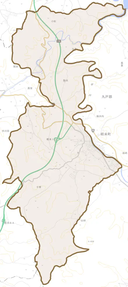大字軽米とその周辺の地図。町の範囲を重ねている