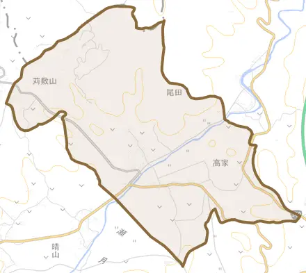 大字高家とその周辺の地図。町の範囲を重ねている