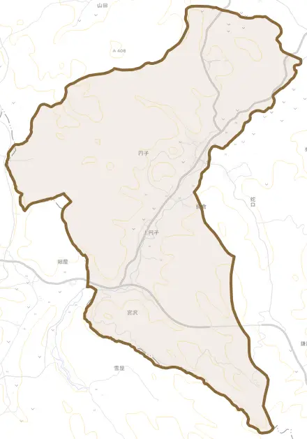 大字円子とその周辺の地図。町の範囲を重ねている