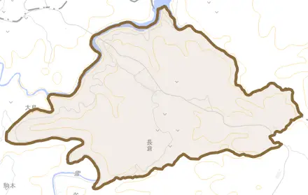 大字長倉とその周辺の地図。町の範囲を重ねている