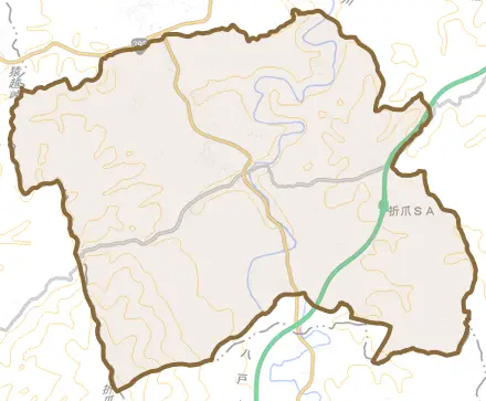 大字山内とその周辺の地図。町の範囲を重ねている