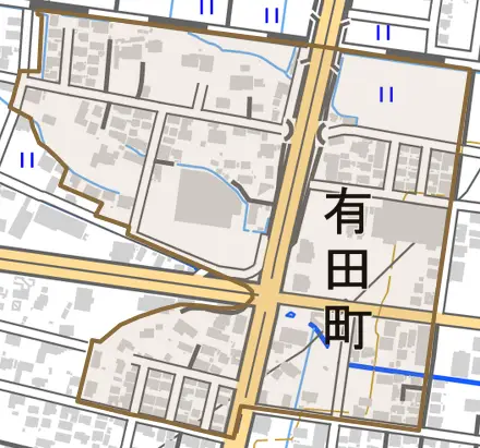 有田町とその周辺の地図。町の範囲を重ねている