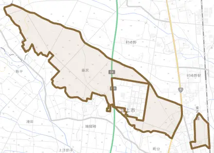藤沢とその周辺の地図。町の範囲を重ねている