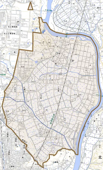 二子町とその周辺の地図。町の範囲を重ねている