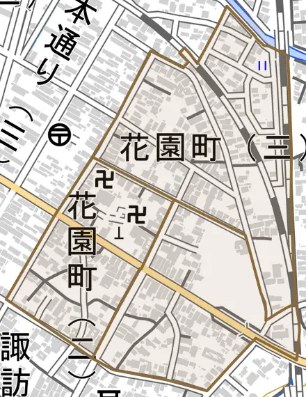 花園町とその周辺の地図。町の範囲を重ねている