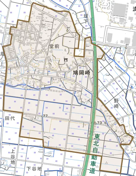 鳩岡崎とその周辺の地図。町の範囲を重ねている