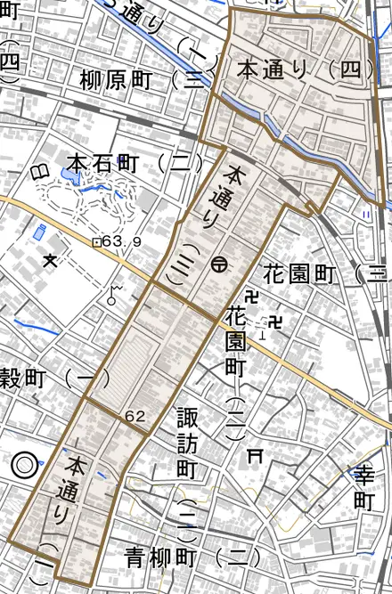 本通りとその周辺の地図。町の範囲を重ねている