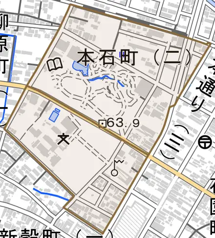 本石町とその周辺の地図。町の範囲を重ねている