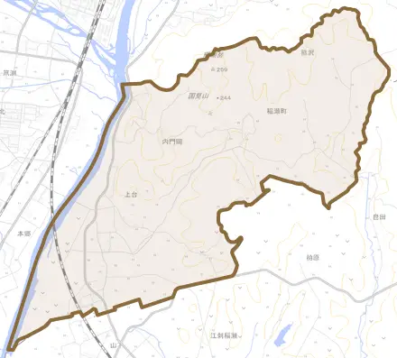 稲瀬町とその周辺の地図。町の範囲を重ねている