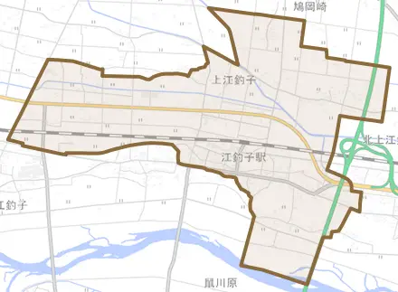 上江釣子とその周辺の地図。町の範囲を重ねている
