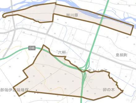 上鬼柳とその周辺の地図。町の範囲を重ねている