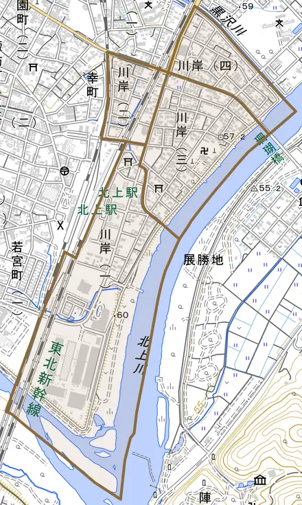 川岸とその周辺の地図。町の範囲を重ねている