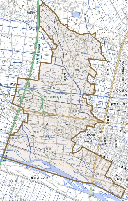 北鬼柳とその周辺の地図。町の範囲を重ねている