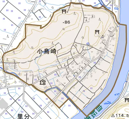小鳥崎とその周辺の地図。町の範囲を重ねている