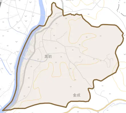 黒岩とその周辺の地図。町の範囲を重ねている