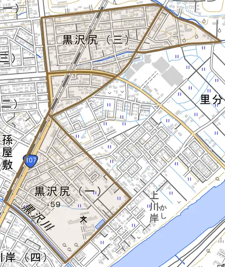 黒沢尻とその周辺の地図。町の範囲を重ねている