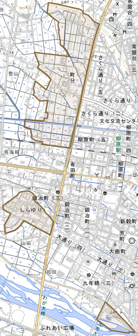 町分とその周辺の地図。町の範囲を重ねている