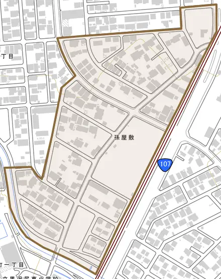 孫屋敷とその周辺の地図。町の範囲を重ねている