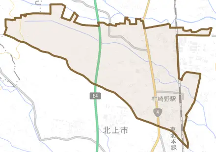 村崎野とその周辺の地図。町の範囲を重ねている