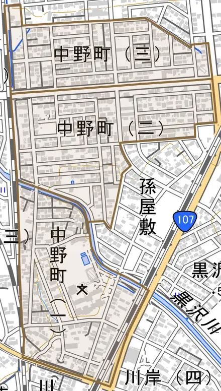 中野町とその周辺の地図。町の範囲を重ねている